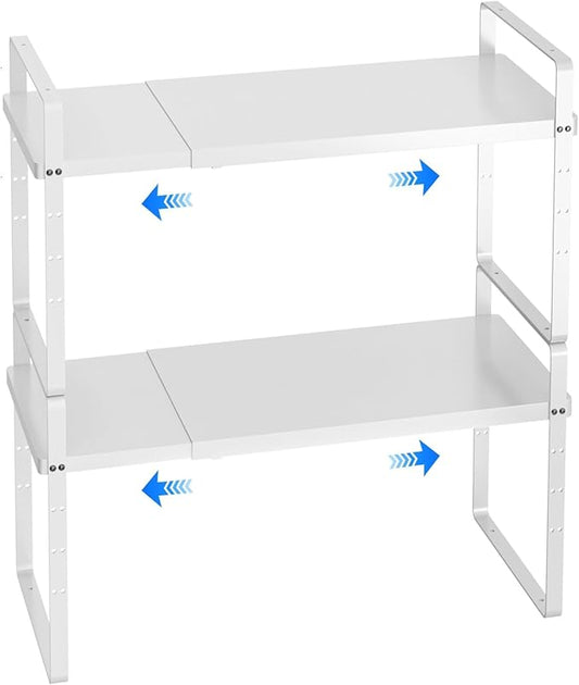 Expandable Cabinet Shelf Organizer, Stackable Kitchen Pantry Counter Storage, Adjustable Closet Cupboard Stand Rack Risers Spice Organization 80LBS Heavy Duty White Large 2 Pack