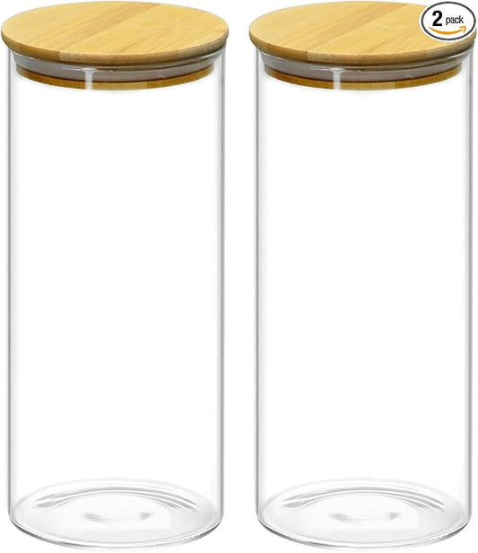 QWORK Glass Coffee Bean Container, 52.36 FL OZ (1550 ML) Clear Canister, 2 Pack Thickened Borosilicate Glass Food Storage Jar with Airtight Bamboo Lid for Coffee, Tea, Spices