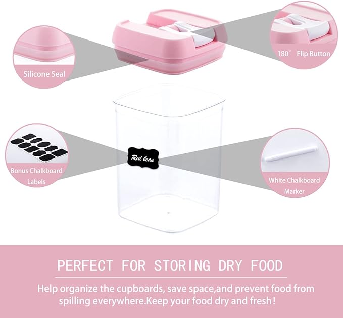 U-QE Airtight Food Storage Container Set-10 Piece BPA Free Clear Plastic Cereal Canisters with Easy Lock Lids-Kitchen & Pantry Organization Containers for Sugar, Flour, Cereal, Labels & Marker(Pink)