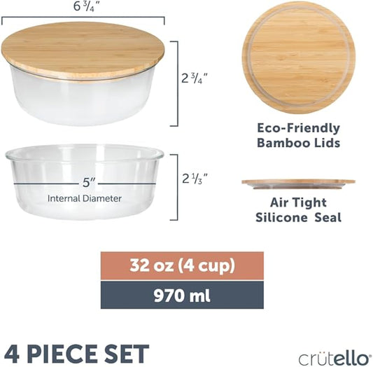Crutello Glass Storage Containers with Bamboo Lids - Eco-Friendly Non Toxic Meal Prep Jars with Wooden Lid for Fridge and Kitchen Organization - Non Plastic Container for Fruit Bowls - 32 oz - 4 Pack