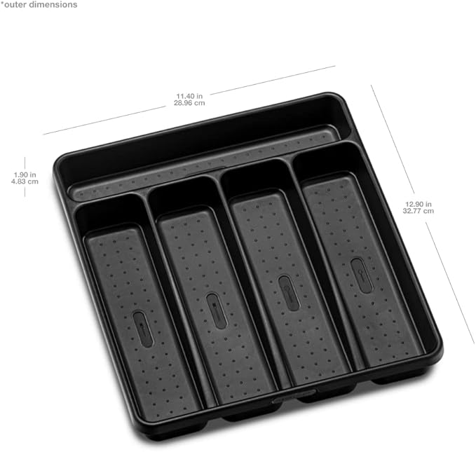 madesmart Premium Antimicrobial Classic Small Silverware Tray Soft Grip, Non-Slip Kitchen Drawer, 5 Compartments, Multi-Purpose Home Organization, EPA Certified, Carbon