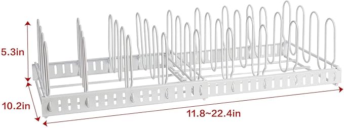 X-cosrack Expandable Food Container Lid Organizer,Large Capacity Adjustable 10 Dividers Detachable Lid Organizer Rack for Cabinets, Cupboards, Pantry Shelves, Drawers to Keep Kitchen Tidy,White