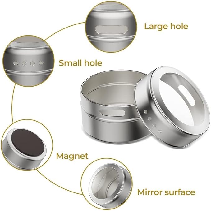 Set of 8 Magnetic Spice Tins with 2 Metal Wall-Plates,100 Preprinted Seasoning Label Stickers,2 Styles for 3 oz Herb Jars