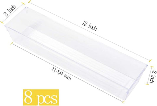 Backerysupply Clear Plastic Drawer Organizer Tray for Vanity Cabinet (12”×3”×2”，Set of 8),Storage Tray for Makeup, Kitchen Utensils, Jewelries, and Gadgets