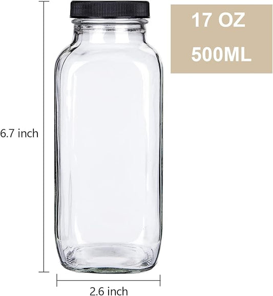 Yarlung 12 Pack 17Oz French Glass Spices Jars with Plastic Lids, Clear Square Water Juice Bottles for Storing Herbs, Condiments, Cereals, Milk, Beverages, Kitchen, Pantry, Office
