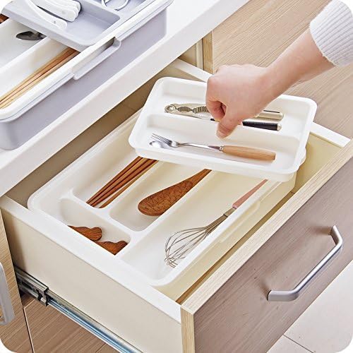 HornTide 3-in-1 Cutlery Tray Expandable Utensils Holder Plastic Kitchen Drawer Organizer for Silverware Storage and More - White