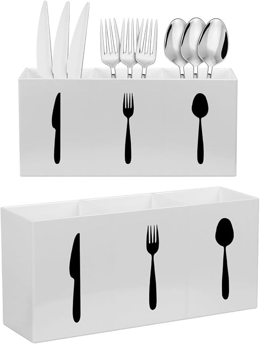 Plastic Utensil Holder, Knife Fork and Spoon Holder Silverware Caddy, Acrylic Kitchen Cutlery Storage Box, Flatware Organizer for Countertop, Indoor Outdoor Party Tableware Holder (White)