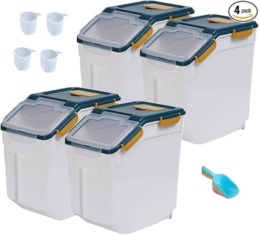 YXQ 25LB Large Flour Storage Container Bin,4 Pack Airtight Plastic with Wheels Seal Locking Lid Dispenser Organizer Storage Bin with Measuring Cup & Scoop for Flour, Rice, Grain 100LBS Total