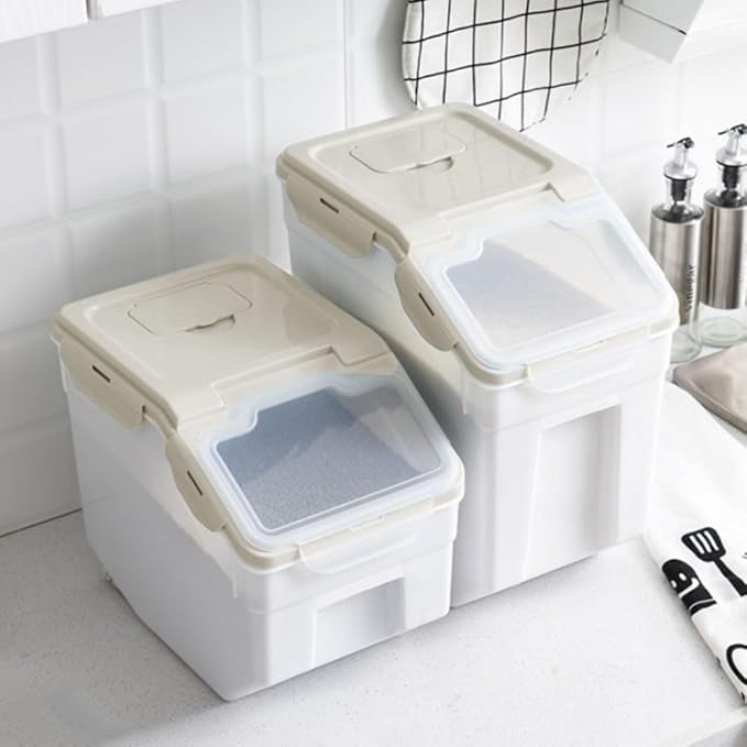 YXQ 25LB Large Flour Storage Container Bin ,2 Pack Airtight Plastic with Wheels Seal Locking Lid Dispenser Organizer Storage Bin with Measuring Cup & Scoop for Flour, Rice, Grain 50LBS Total