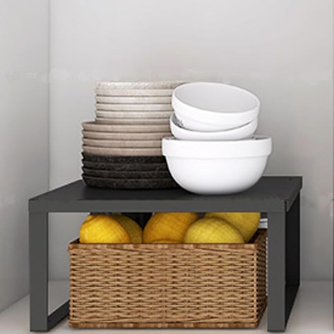Stackable Cabinet Shelf Organizer Counter Storage Spice Rack Metal Space Saving for Kitchen Pantry Cupboard Countertop Bathroom Bedroom Under Sink Office, Black - Large