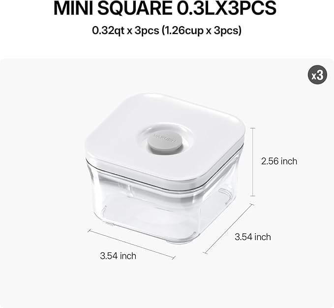Premium Airtight Food Storage Containers, Mini Square 3pc/set(0.32qt), Smart One-Click Seal Lid, No Hinges, 100% Leak Proof, BPA-FREE, Dishwasher, Freezer & Microwave Safe