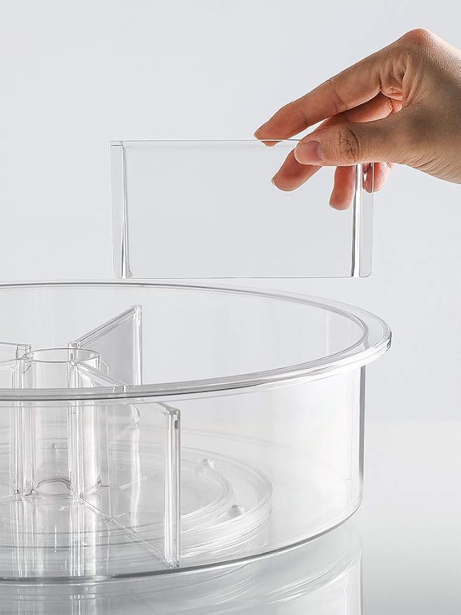 SANNO Lazy Susan Spinning Organizer with Dividers - Food Safe Turntable Spice Rack for Kitchen Cabinet, Pantry, Refrigerator & Countertop