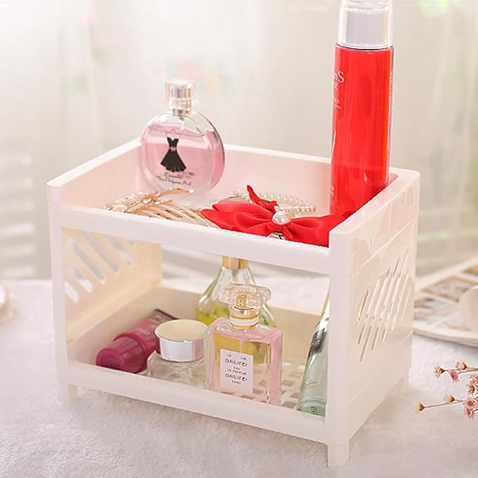 PRETYZOOM 2 Tier Foldable Countertop Organizer, Small Plastic Storage Rack for Kitchen Bathroom, Multifunctional Mini Shelf for Makeup Organizer, Bathroom Countertop Shelf, Kitchen Seasoning Holder