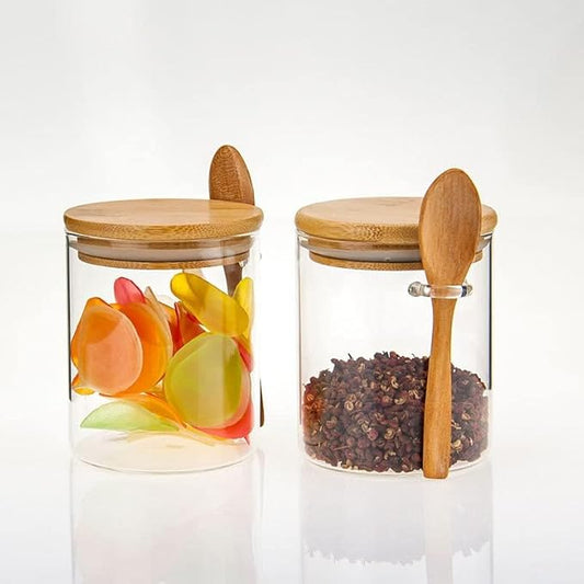 Airtight Glass Jars With Bamboo Lids And Spoons, 17oz Glass Canisters With Lid For Spice Beans Tea, Sealed Sugar Container, Glass Coffee Containers, Food Jars Canisters, Kitchen Accessories (2pcs)