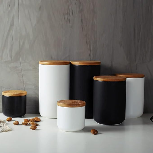 YYW Ceramic Food Storage Jar Canister with Airtight Wooden Lid, Modern Design Food Canisters Loose Tea Coffee Sugar Spice Nuts Snacks Seasonings Storage Jar Caddy (Black 7.03 oz/200 ml)