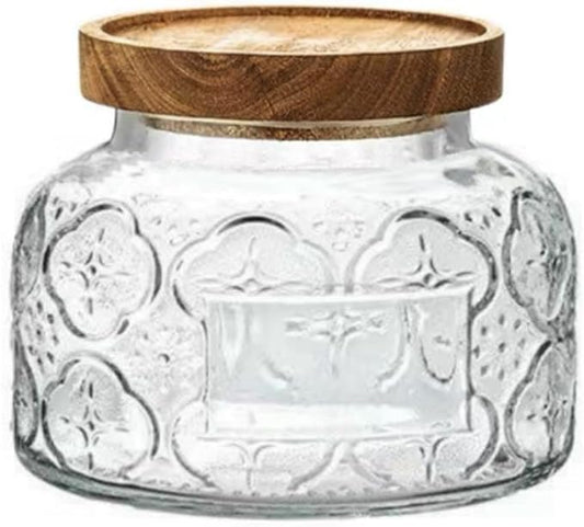 Vintage Glass Jar with Solid Wood Lid, 25.4 FL OZ Begonia Pattern Food Storage Jar, Home Kitchen Decorative Storage Cabinet, Oatmeal, Jam, Coffee, Candy, Cookie Jar, Pet Food Jar (Begonia Flower)