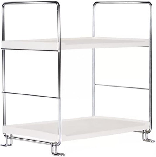 lemonadeus 2-Tier Standing Rack Kitchen Cabinet Spice Rack Plastic/Metal Vanity Tray Cosmetic Organizer Standing Counter Shelf Skincare Organizer (Silver)