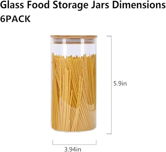 Glass Food Storage Jars Containers, 32oz Glass Storage Jar with Airtight Bamboo Lids Set of 6 Kitchen Glass Canisters For Coffee, Flour, Sugar, Candy, Cookie, Spice and More