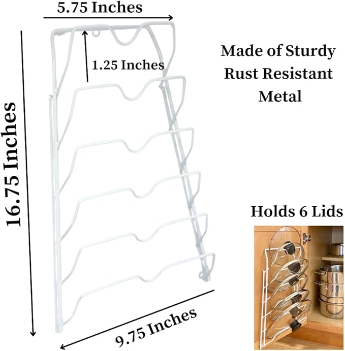 Evelots 6 Pot Lid Organizer for Cabinet Door or Pantry Wall - Closet Door Pots and Pans Lids Holder - Glass or Metal Pan Covers Cabinet Organizer Kitchen Storage - White 6 Tier Lid Rack