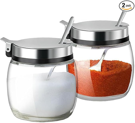 Hewnda 2Pcs Sugar Salt Container Set,8 oz glass jar with lid and spoon for storing condiments,coffee,sugar cubes,spices and more