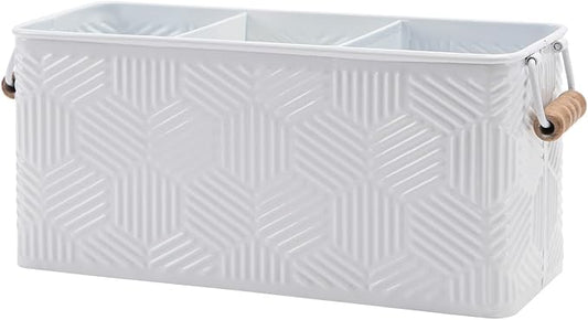 NIKKY HOME Farmhouse White Silverware Organizer with 3 Compartments Cutlery Caddy Kitchen Countertop Flatware Holder for Utensil, Spoons, Knives, Forks, Hexagon Stripe Embossed Pattern