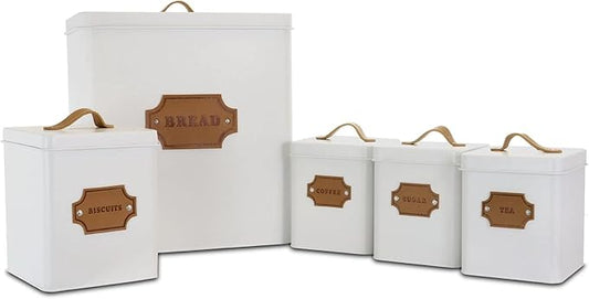 Megachef Storage and Organization Food and Coffee Canister Set Collection, 5 Piece, Matte White