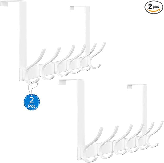 2 Pack Over The Door Hooks, Sturdy Door Hanger, Large Over The Door Towel Rack with 12 Hooks, Heavy Duty Easy to Install, for Bathroom, Bedroom，Kitchen，Hanging Towels, Coats (White)