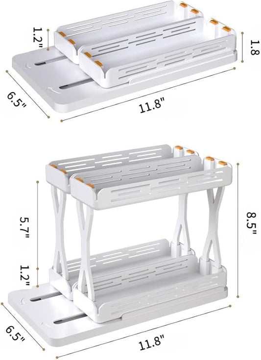 Set of 2 Sliding Spice Rack Organizers - Pull & Rotate Seasoning Storage for Cabinets, Slide-Out 2-Tier Kitchen Shelves with Non-Slip Base (11.8"" D x 6.5"" W x 8.5"" H), General, White