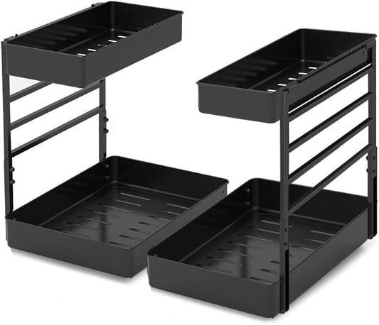 EVERIE Pull Out Slide Shelf Organizer for Under Sink Organization in Kitchen, Bathroom, Counter, Cabinets (Black, 2 Sets)