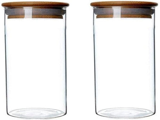 2 Piece Clear Glass Canister Food Storage Jar With Airtight Wood Lids Air Tight Storage Containers for Coffee Bean Loose Leaf Tea Containers Sugar Cookies Dry Fruit Nuts Candy Jars size 350ML/11.7oz