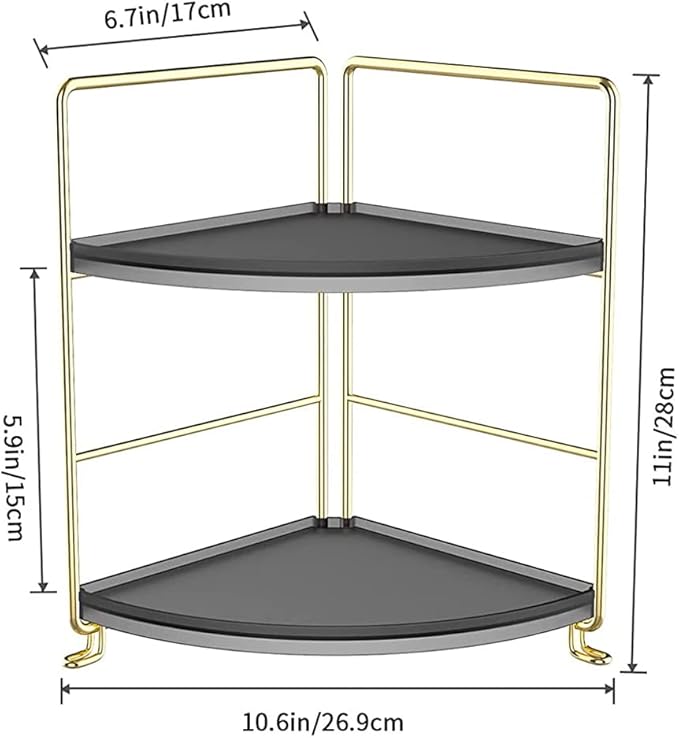 Kitchen Spice Rack Standing Shelf, 2-Tier Corner Storage Shelf, Bathroom Countertop Organizer, Vanity Tray Cosmetic & Makeup Storage,Gold&Black
