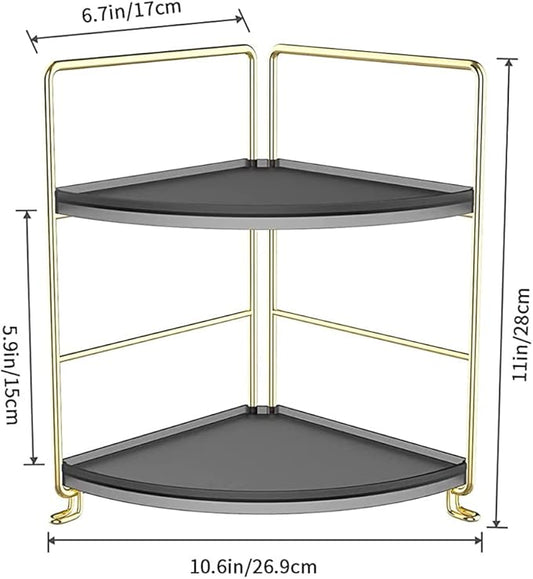 Kitchen Spice Rack Standing Shelf, 2-Tier Corner Storage Shelf, Bathroom Countertop Organizer, Vanity Tray Cosmetic & Makeup Storage,Gold&Black