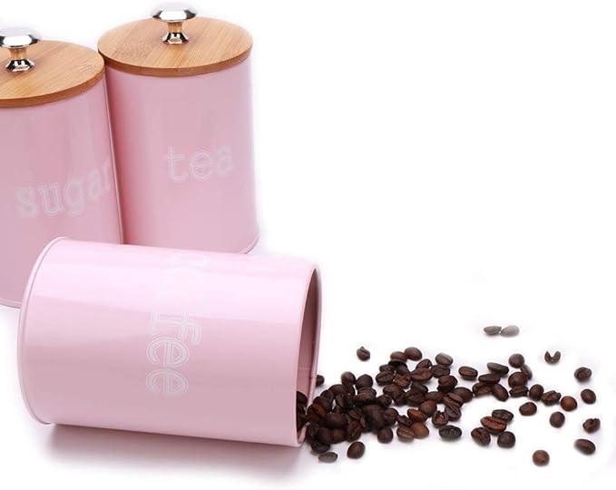 X022S Set of 3 Metal Food Storage Tin Canister/Jar with Bamboo Lid (matte pink)