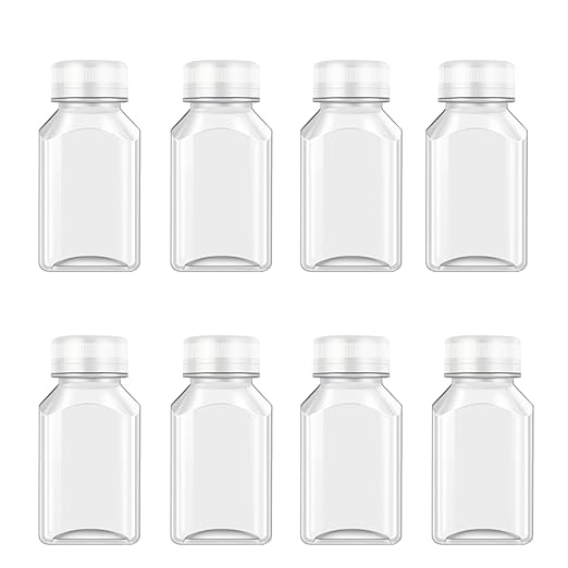 8 Pcs 4 Oz Juice Bottles Plastic Ginger Shot Bottles, Leak Proof, Beverage Containers for Juice, Smoothie, Milk, White Lid