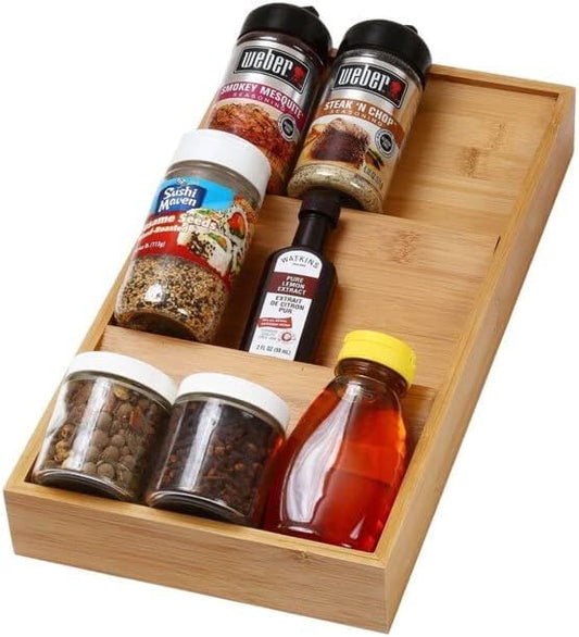 YBM Home In-Drawer 3-Tier Bamboo Spice Rack Drawer Organizer Tray for Cabinet and Kitchen Drawers, 3 Slanted Tiers for Garlic, Salt, Pepper, Seasonings, Spice Jars, and More, 316