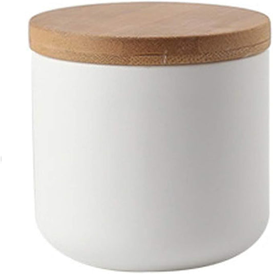 YYW Ceramic Food Storage Jar Canister with Airtight Wooden Lid, Modern Design Food Canisters Loose Tea Coffee Sugar Spice Nuts Snacks Seasonings Storage Jar Caddy (White 6.76oz/200ml)