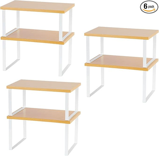 Cabinet Organizer - Set of 6 Stackable, Expandable Metal & Wood Shelves for Kitchen Counter, Spice, Mug & Plate Storage