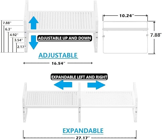 Expandable Spice Rack, Stackable Metal Pantry Storage Shelves Stand, Adjustable Height Cabinet Shelf Organizer Racks(3PACKS/WHITE,LARGE)