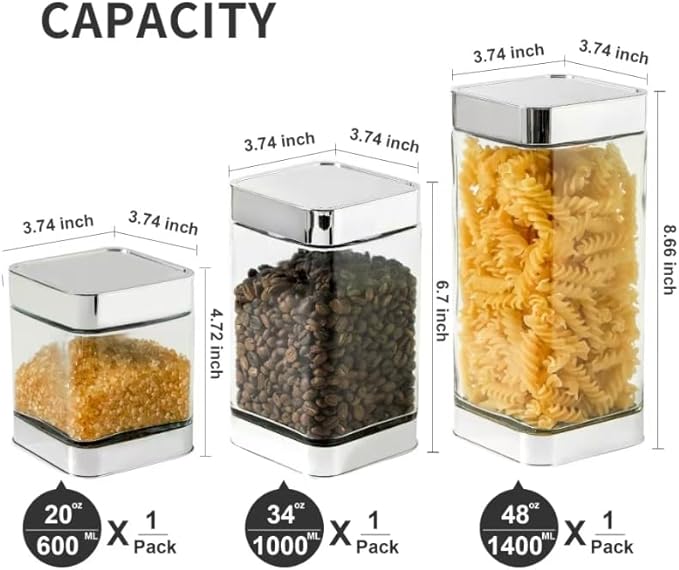 Glass Storage Jars-Large Kitchen Glass Canisters with Airtight Lids -Coffee Pasta Sugar Tea Snack Nuts Cookie Flour Food Container - Set of 3， Silver