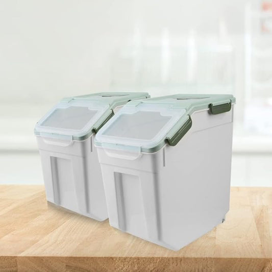 YXQ 25LB Large Flour Storage Container Bin,Green Airtight Plastic with Wheels Seal Locking Lid Dispenser Organizer Storage Bin with Measuring Cup & Scoop for Flour, Rice, Grain，Set of 4