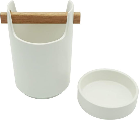 Kitchen Utensil Holder for Flatware, Silverware, Cutlery and Cooking Accessories, Wood and Ceramic, Countertop and Table Caddy (White)