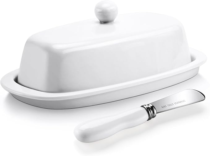 Yedio Ceramic Butter Dish with Lid and Knife for Countertop Refrigerator, 8 Inch White Butter Holder with Porcelain Cover Knob Handle for East West Coast Butter Stick
