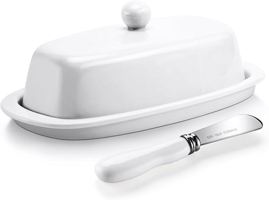 Yedio Ceramic Butter Dish with Lid and Knife for Countertop Refrigerator, 8 Inch White Butter Holder with Porcelain Cover Knob Handle for East West Coast Butter Stick