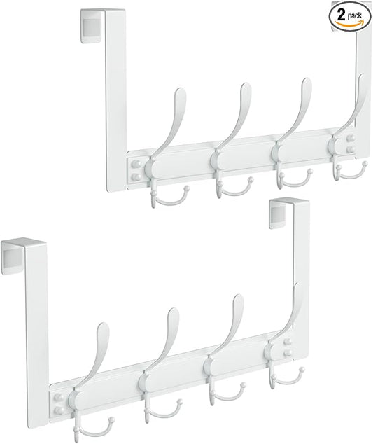 2 Packs Over The Door Hooks with 4 Tri Hooks, Heavy Duty Over Door Hanger for Bathroom Closet Bedroom Kitchen Dorm Room, Towel Coat Rack Home Organizer for Hanging Clothes Coat Hat Jacket (2, White)