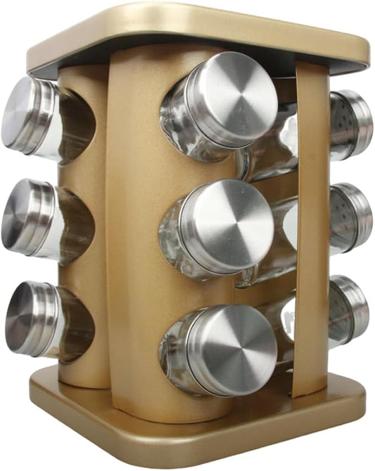 TINMIX Revolving Spice Rack Organizer with 12 Jars, Countertop Spice Seasoning Rack Tower with 12 Glass Bottles Refillable for Kitchen Cabinet, Stainless Steel, Silver
