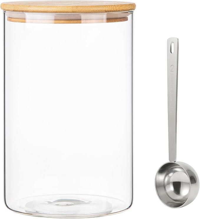Wide Glass Jar with Bamboo Lid Clear Glass Food Canister with Scoop Thickened Glass Storage Jar for Kithen Pantry Cookie Coffee Ground Bean Tea Laundry Flour Sugar (3.5L/118 OZ-1 PACK)