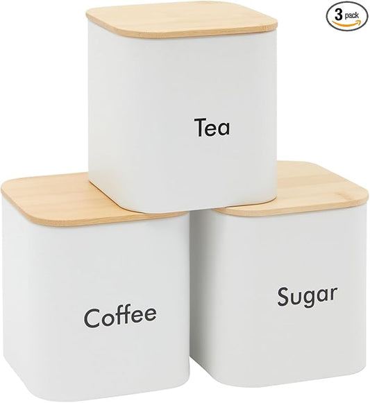 Juvale Coffee Tea Sugar Container Set - White Iron Kitchen Canister Set with Bamboo Lids (3 Pieces, 48 oz)