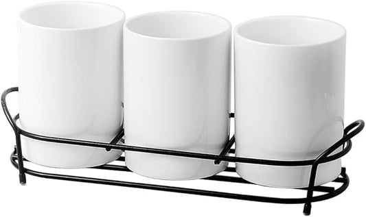 3-Piece White Ceramic Silverware Caddy with Black Metal Rack, Utensil Holder Flatware Caddy Cutlery Storage Organizer for Kitchen Table (White+Black)