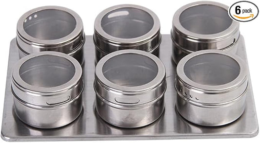 XZJMY Set of 6 Magnetic Spice Tins with Metal Wall-Plates,Stainless Steel Spice Container Storage Box with Transparent Lid for Storing Herbs, Spices and Other Seasonings (6)