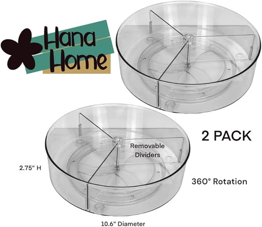 2-Pack Clear Spinning Organizer, Revolving Sorter, Rotating Tray, Turntable Storage with Removable Dividers, 3 Sections, High Profile Edge, Clear PET Plastic, Stainless Steel Ball Bearings
